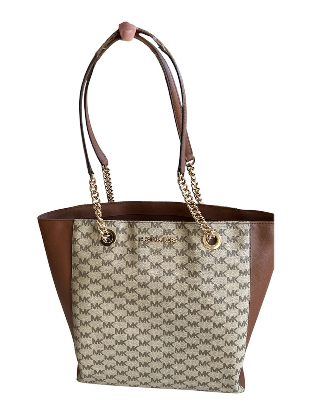 Michael Kors Jet Set Large Monogram Tote in Brown/Cream